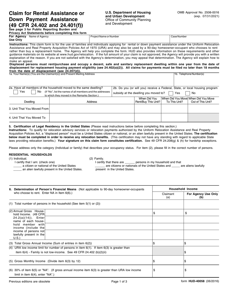 Form HUD40058 Download Fillable PDF or Fill Online Claim for Rental