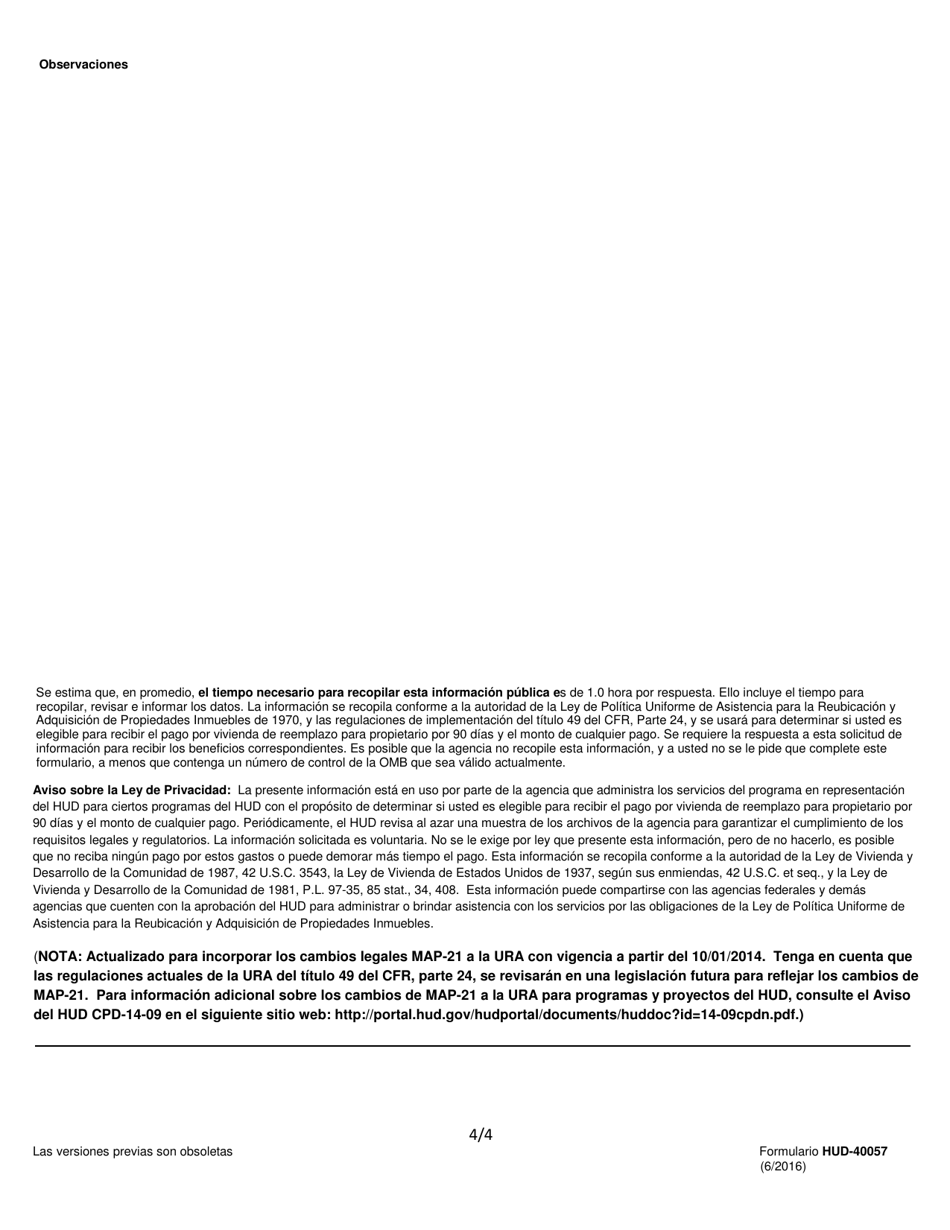 Formulario HUD-40057 Reclamo Por Pago De Vivienda De Reemplazo Para El Ocupante Propietario Por 90 Dias (Titulo 49 Del Cfr, Articulo 24.401) (Spanish), Page 4