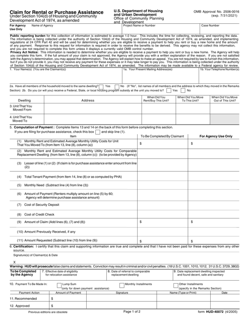 Form HUD40072 Download Fillable PDF or Fill Online Claim for Rental or