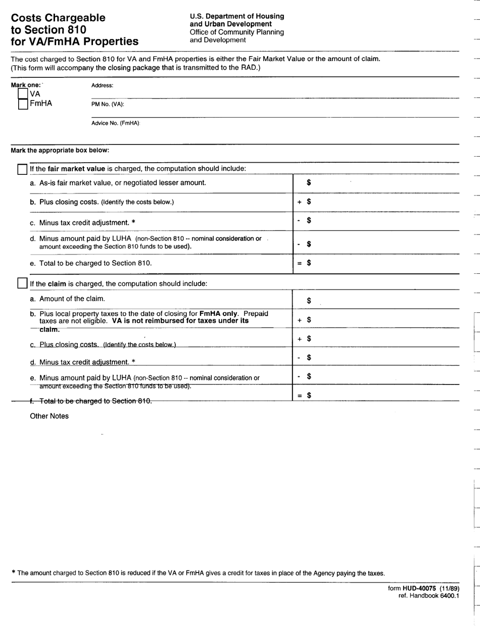 Form HUD-40075 Costs Chargeable to Section 810 for VA / Fmha Properties, Page 1
