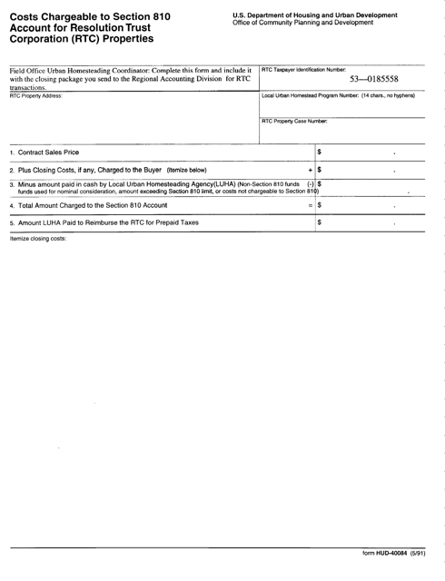 Form HUD-40084 Costs Chargeable to Section 810 Account for Resolution Trust Corporation (Rtc)
