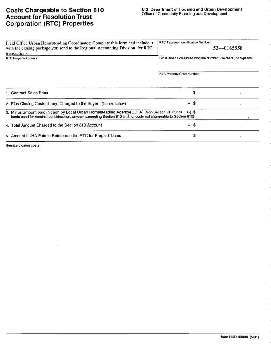 Form HUD-40084 Costs Chargeable to Section 810 Account for Resolution Trust Corporation (Rtc), Page 1