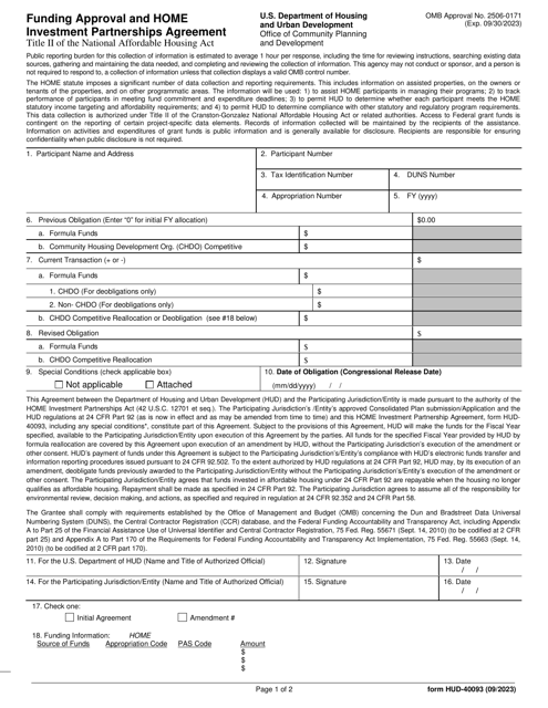 Form HUD-40093 Funding Approval and Home Investment Partnerships Agreement