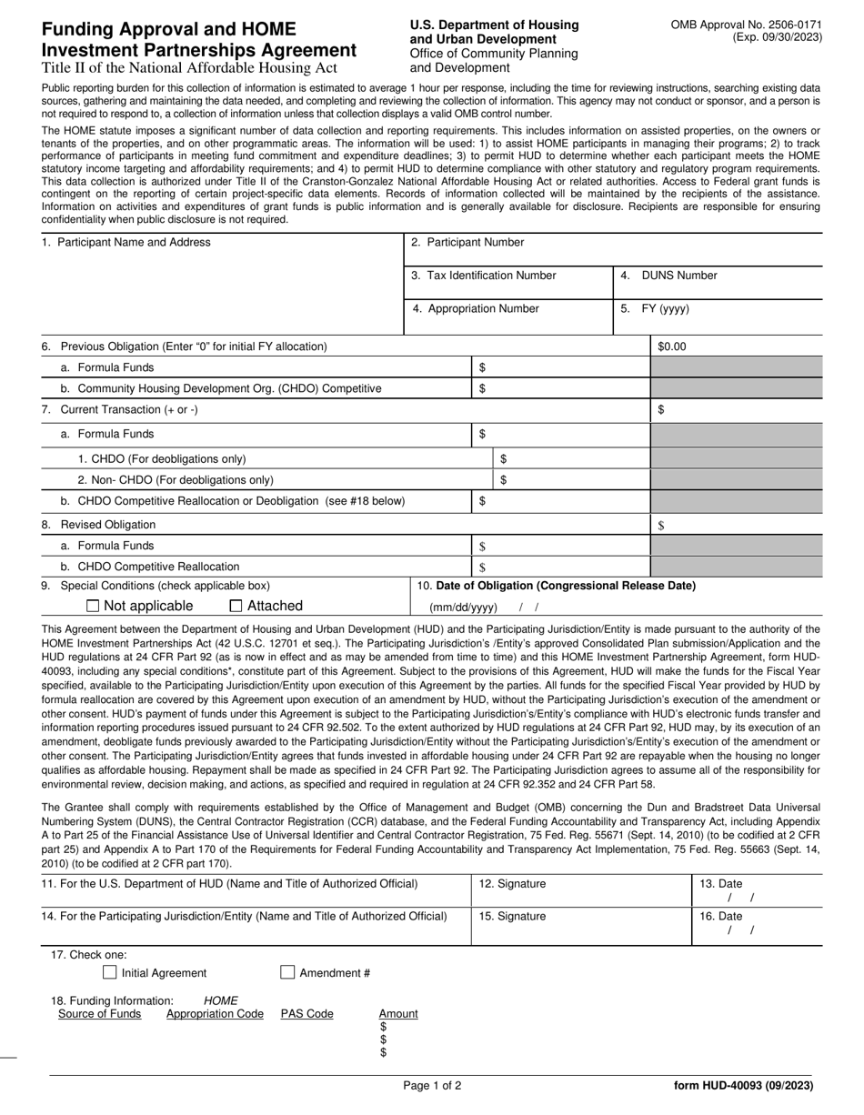 Form HUD-40093 Funding Approval and Home Investment Partnerships Agreement, Page 1