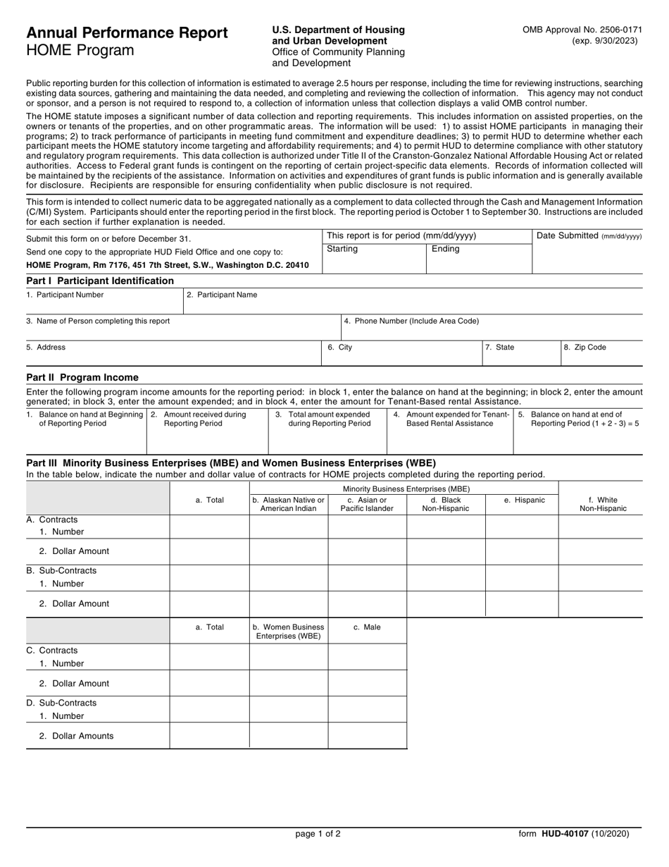 Form HUD-40107 Annual Performance Report - Home Program, Page 1