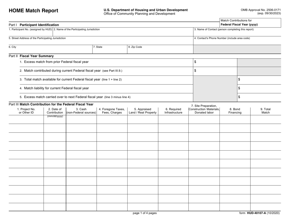 Form HUD40107A Download Fillable PDF or Fill Online Home Match Report 1994 — 2024 Templateroller