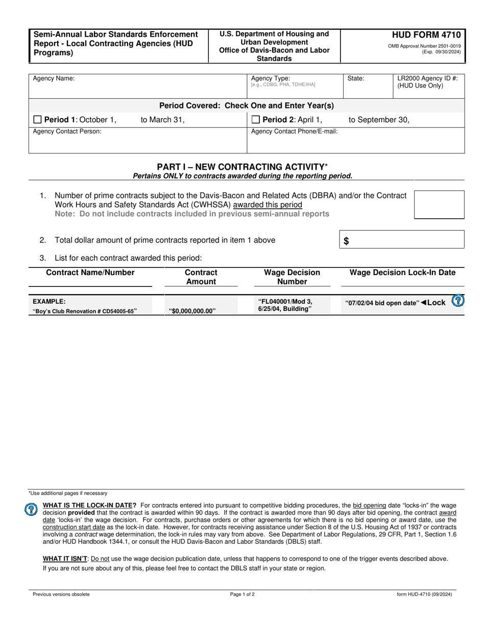 Form HUD-4710 Semi-annual Labor Standards Enforcement Report - Local Contracting Agencies (Hud Programs), Page 1