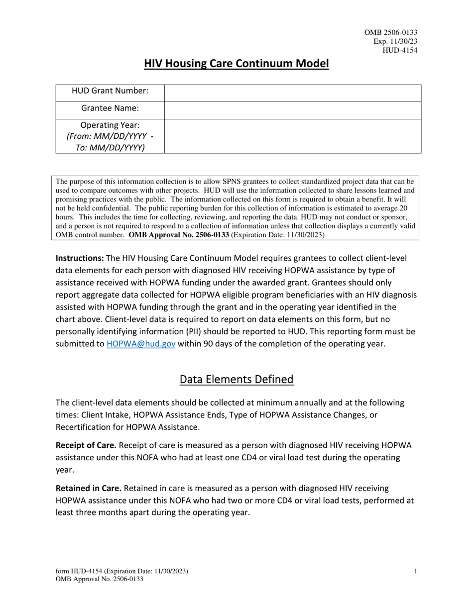 Form HUD-4154 HIV Housing Care Continuum Model, Page 1