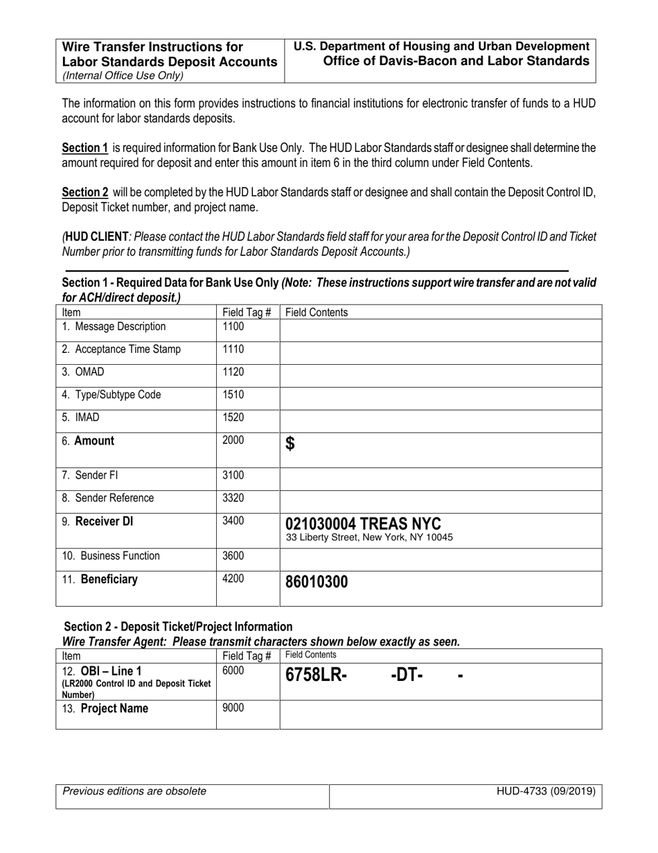Form HUD-4733 Wire Transfer Instructions for Labor Standards Deposit Accounts, Page 1