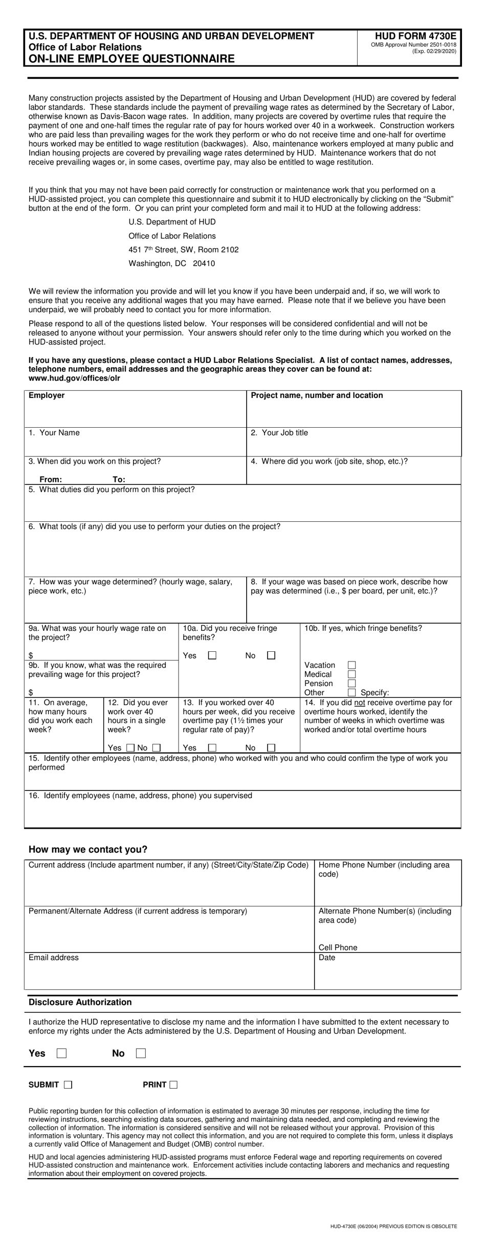 Form HUD-4730E On-Line Employee Questionnaire, Page 1