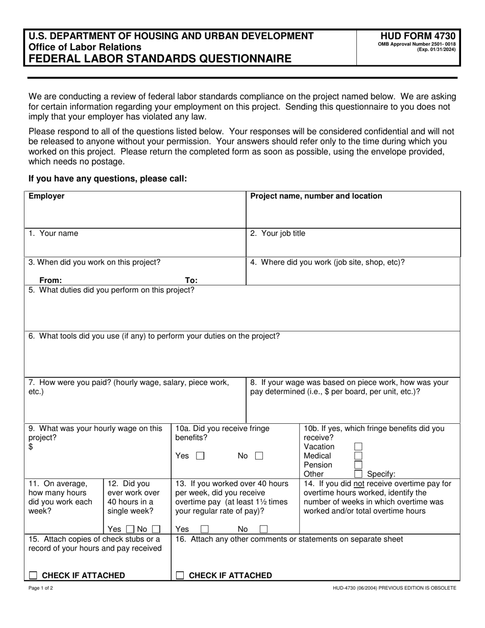 Form HUD-4730 Federal Labor Standards Questionnaire, Page 1