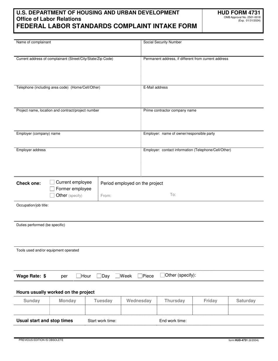 Form HUD-4731 Federal Labor Standards Complaint Intake Form, Page 1