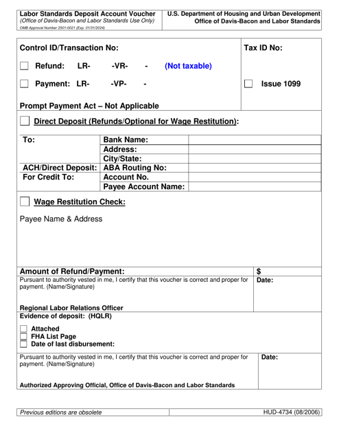 Form HUD-4734 Labor Standards Deposit Account Voucher