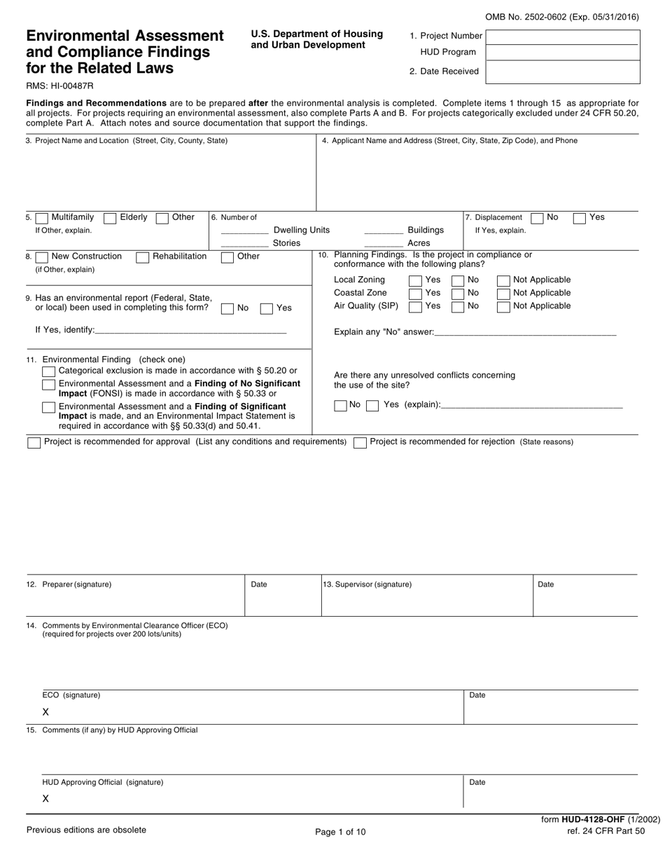 Form HUD-4128 -OHF Environmental Assessment and Compliance Findings for the Related Laws, Page 1