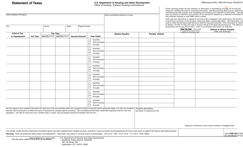 Form HUD-434 Download Fillable PDF or Fill Online Statement of Taxes ...