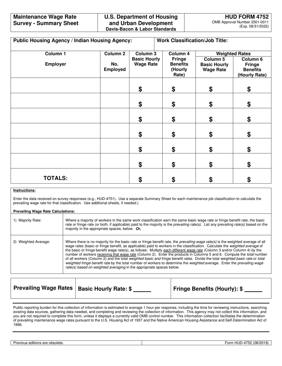 Form HUD-4752 Maintenance Wage Rate Survey - Summary Sheet, Page 1