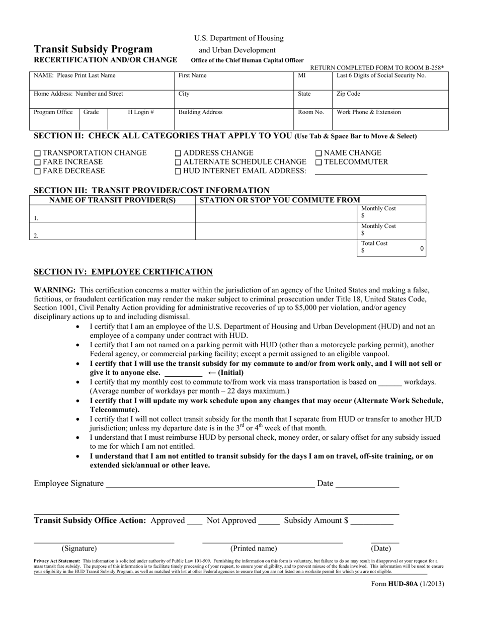 Form HUD-80A Recertification and / or Change - Transit Subsidy Program, Page 1