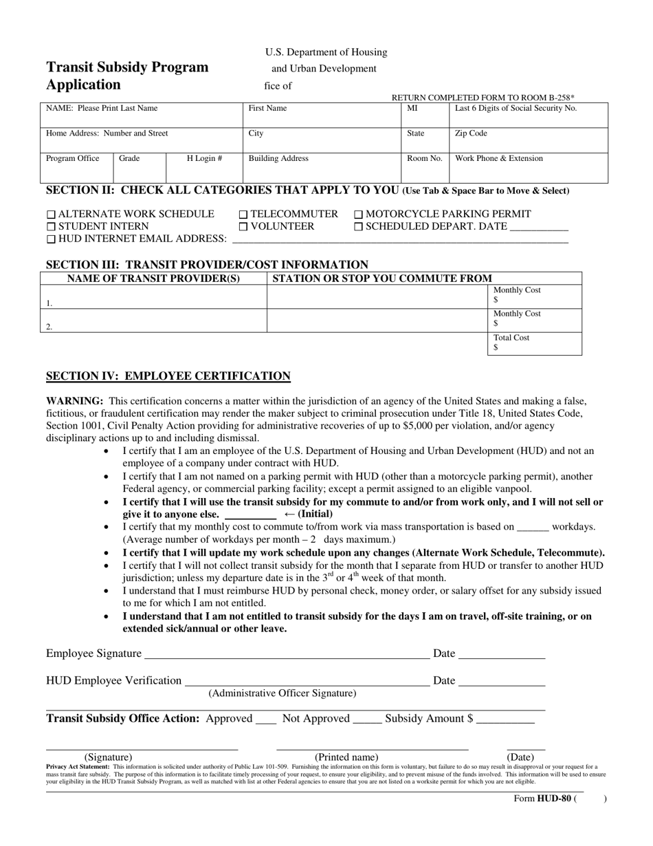 Form HUD-80 Transit Subsidy Program Application, Page 1