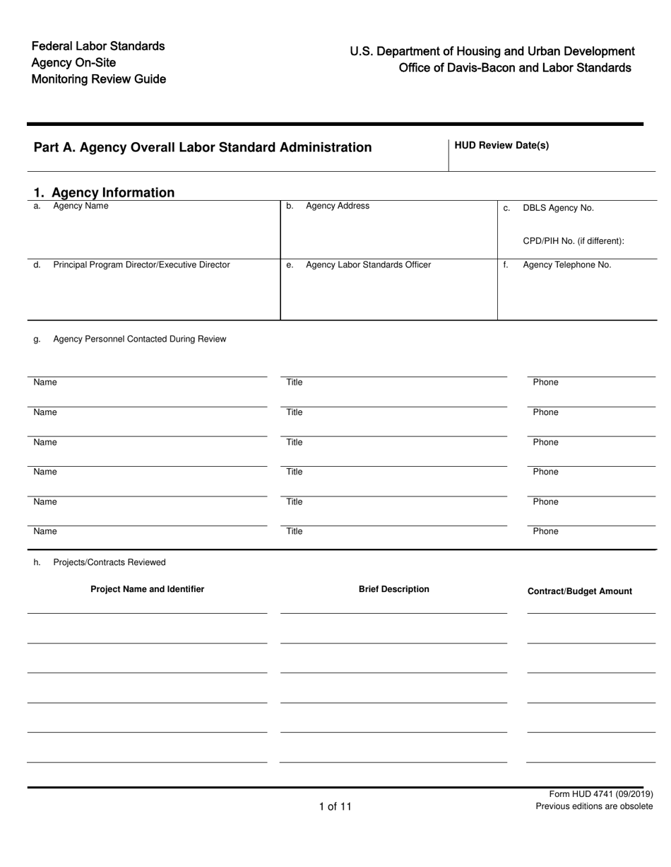 Form HUD-4741 Federal Labor Standards Agency on-Site Monitoring Review Guide, Page 1