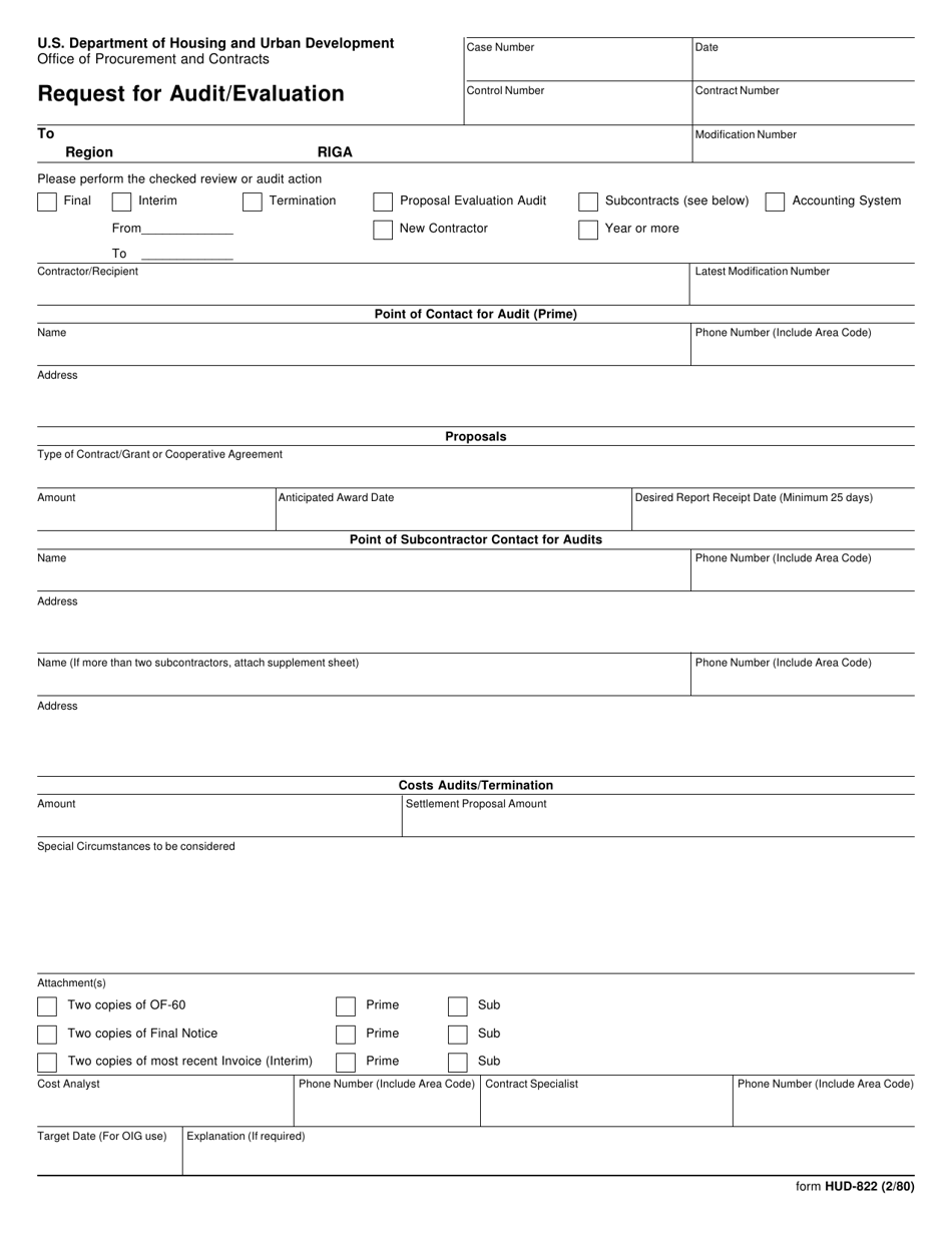 Form HUD-822 Request for Audit / Evaluation, Page 1