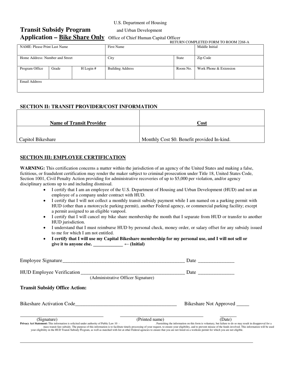 Form HUD-80-B Transit Subsidy Program Application - Bike Share Only, Page 1