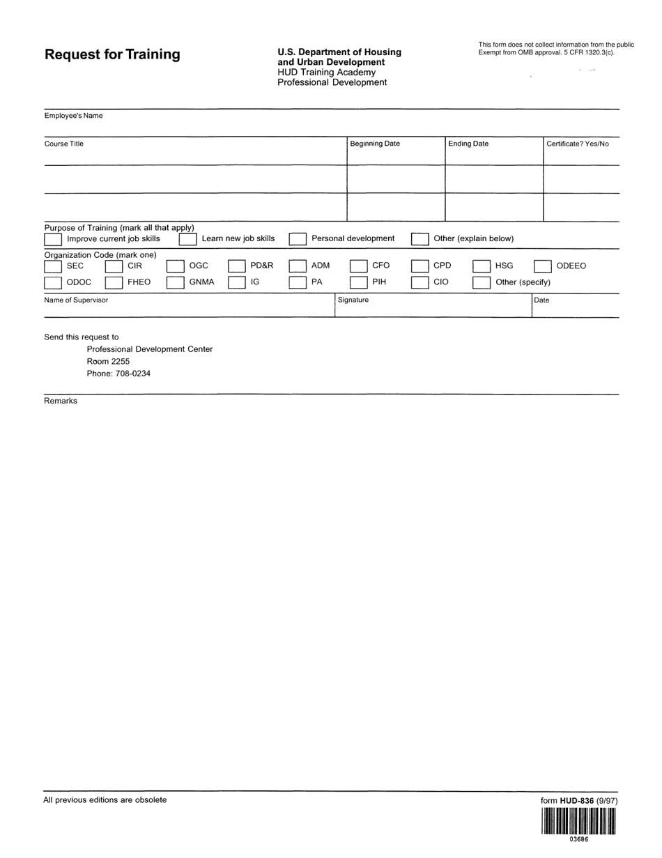 Form HUD-836 Request for Training, Page 1