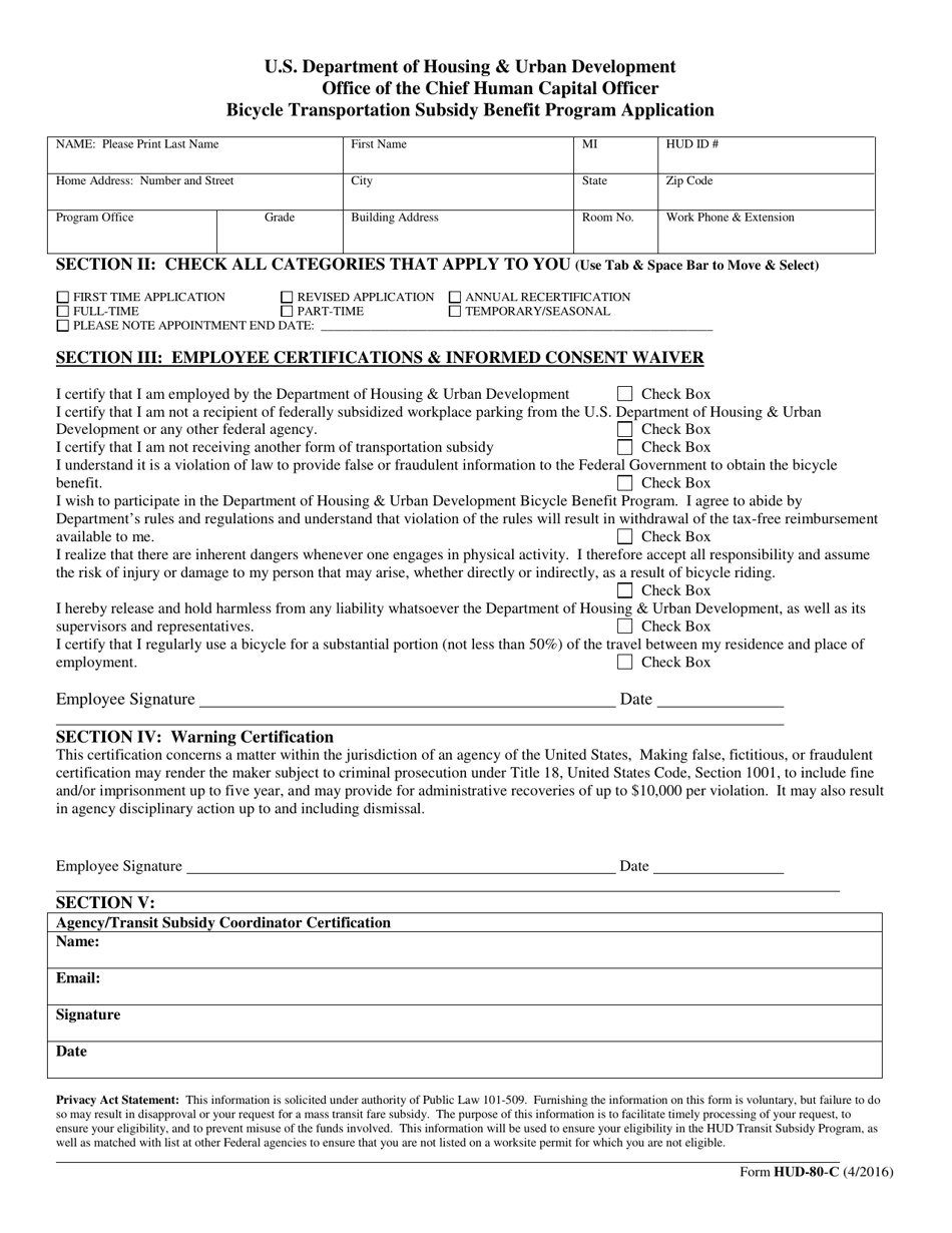 Form HUD-80-C Bicycle Transportation Subsidy Benefit Program Application, Page 1