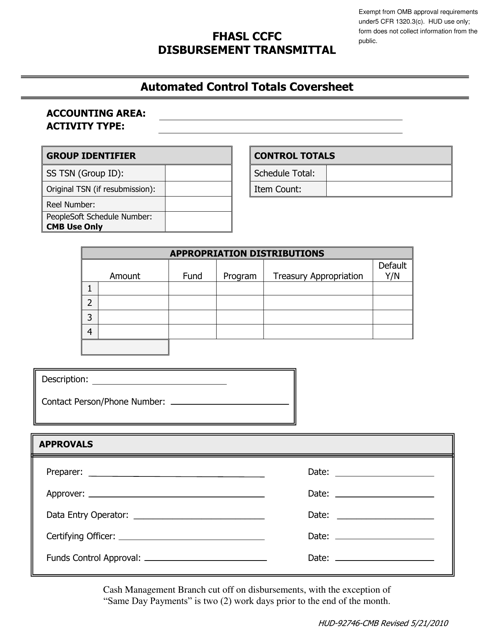 Form HUD-92746-CMB Fhasl Ccfc Disbursement Transmittal - Automated Control Totals Coversheet
