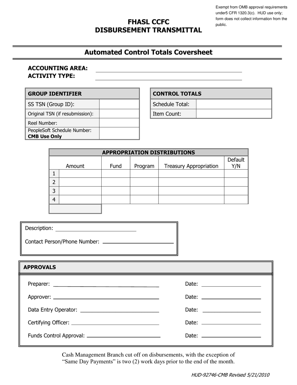 Form HUD-92746-CMB Fhasl Ccfc Disbursement Transmittal - Automated Control Totals Coversheet, Page 1