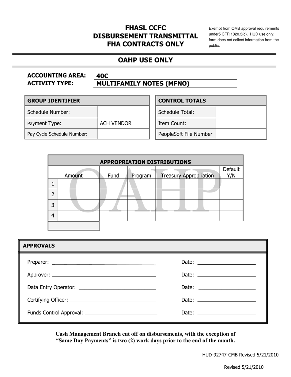 Form HUD-92747-CMB Fhasl Ccfc Disbursement Transmittal - Fha Contracts Only, Page 1