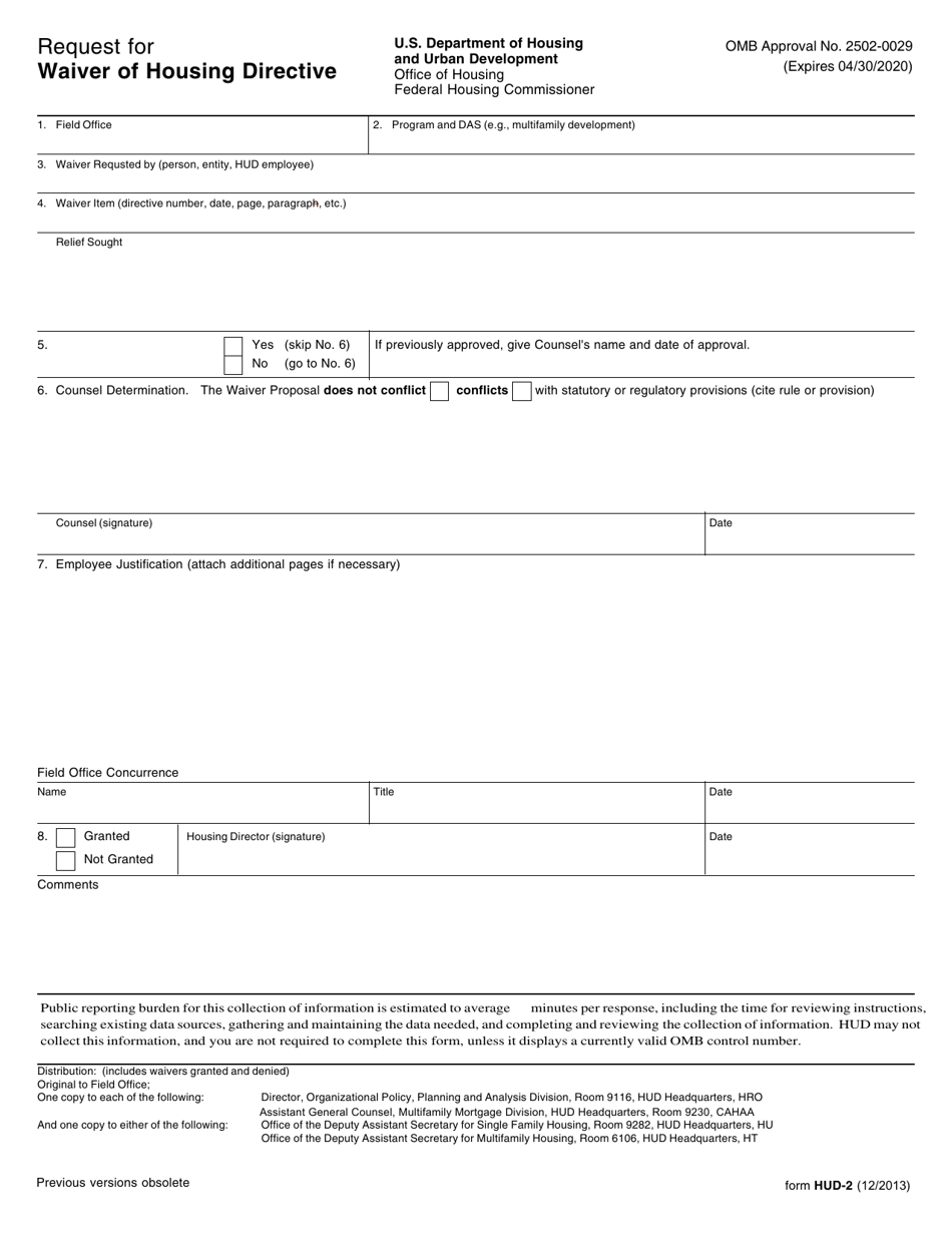Form HUD-2 Request for Waiver of Housing Directive, Page 1