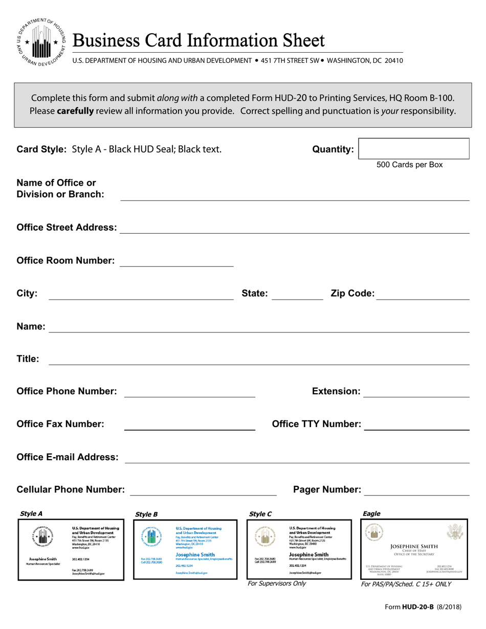 Form HUD-20-B Business Card Information Sheet, Page 1