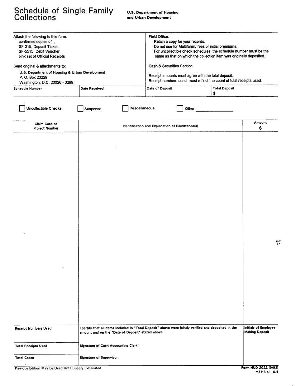 Form HUD-2022 Schedule of Single Family Collections, Page 1