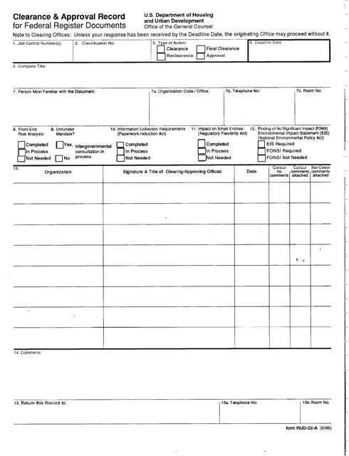 Form HUD-22-A Clearance & Approval Record for Federal Register Documents