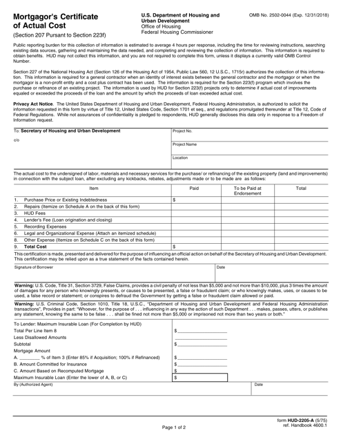 Form HUD-2205-A Mortgagor's Certificate of Actual Cost - Multifamily