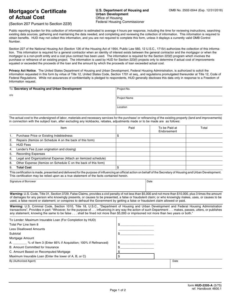 Form HUD-2205-A Mortgagors Certificate of Actual Cost - Multifamily, Page 1