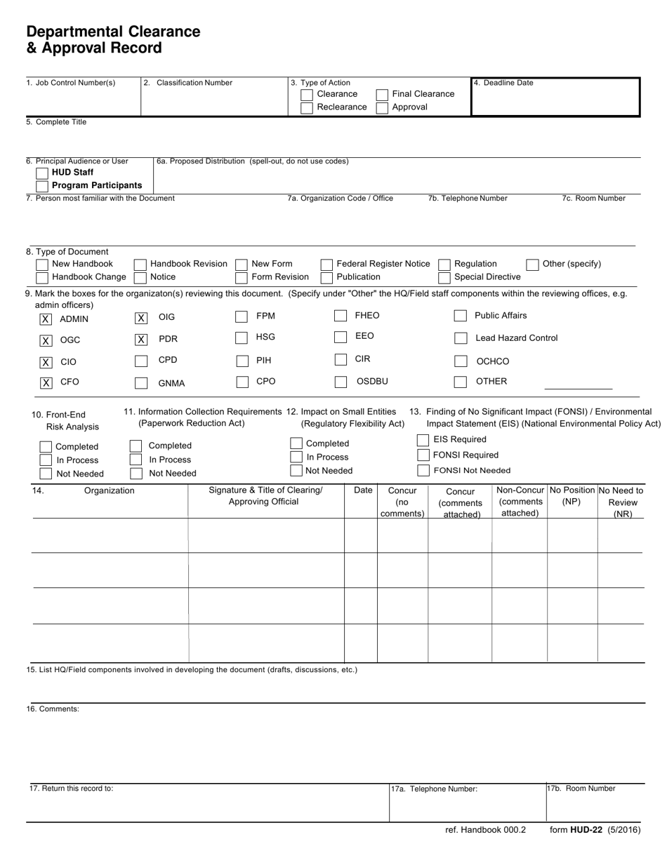 Form HUD-22 Departmental Clearance  Approval Record, Page 1