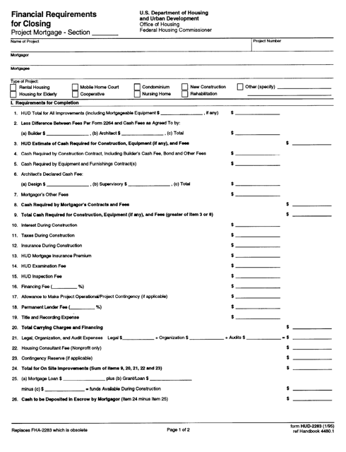 Form HUD-2283 Financial Requirements for Closing