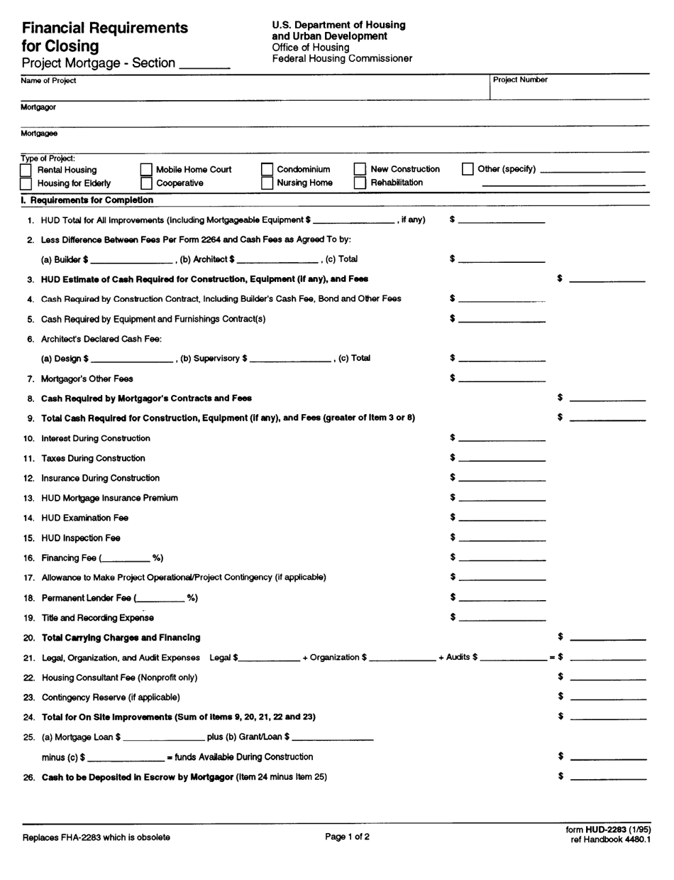 Form HUD-2283 Financial Requirements for Closing, Page 1