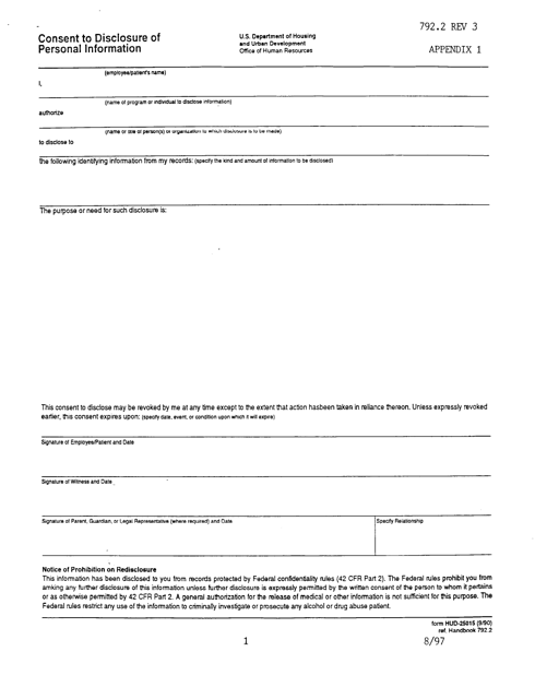 Form HUD-25015 Appendix 1 Consent to Disclosure of Personal Information