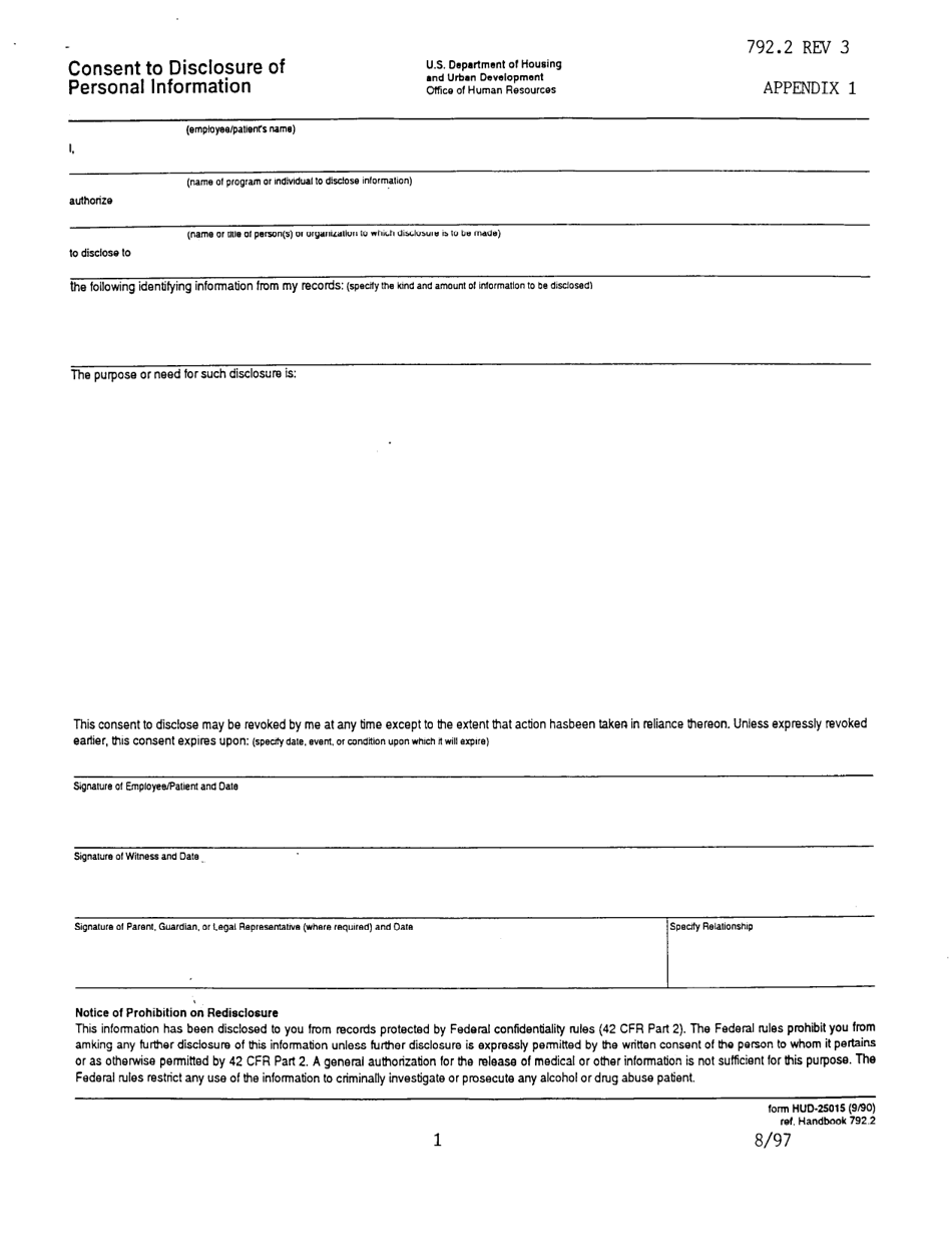 Form HUD-25015 Appendix 1 Consent to Disclosure of Personal Information, Page 1