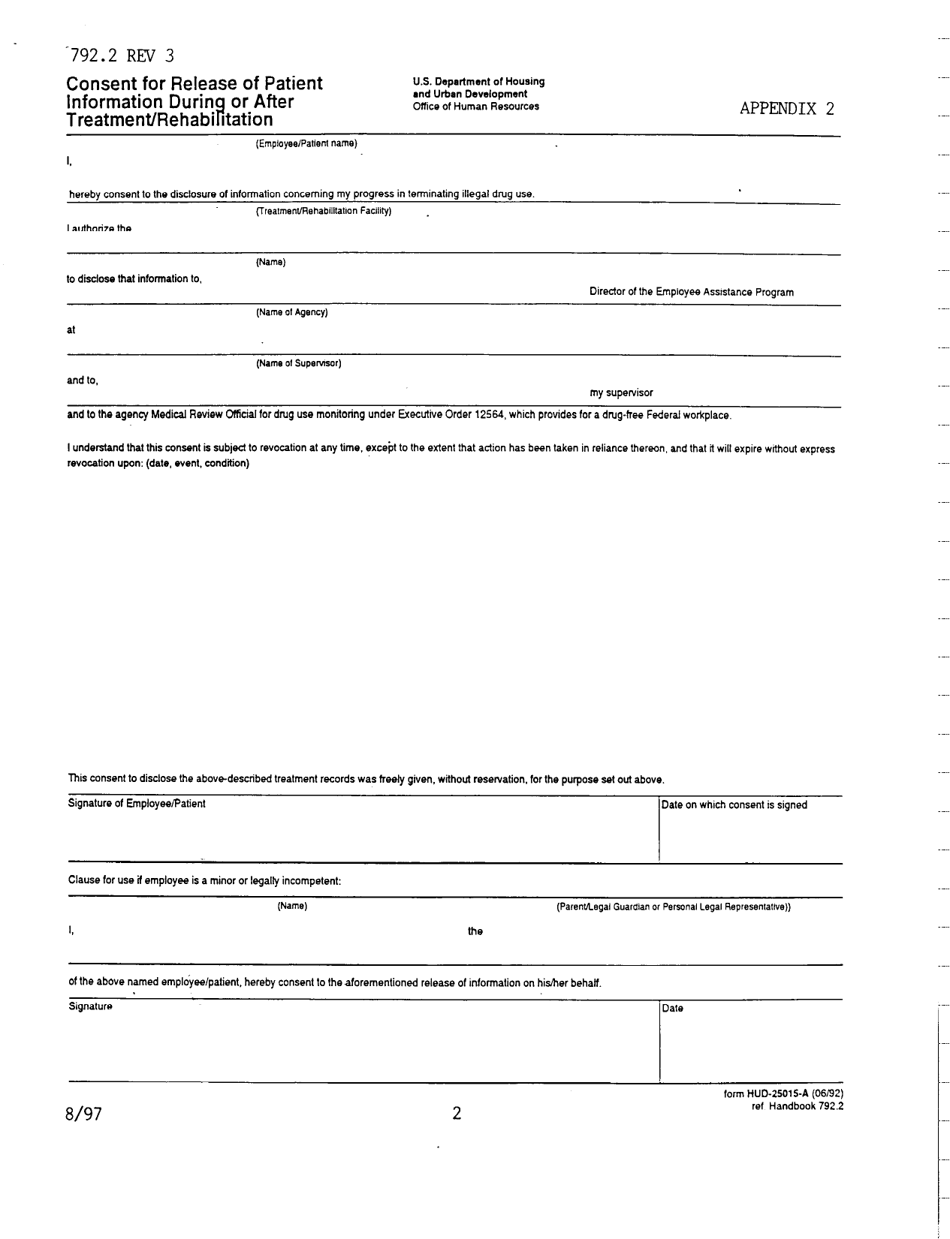 Form HUD-25015-A Appendix 2 Consent for Release of Patient Information During or After, Page 1