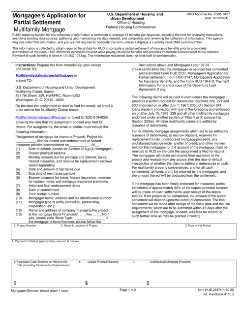 Form HUD-2537 Mortgagee's Application for Partial Settlement