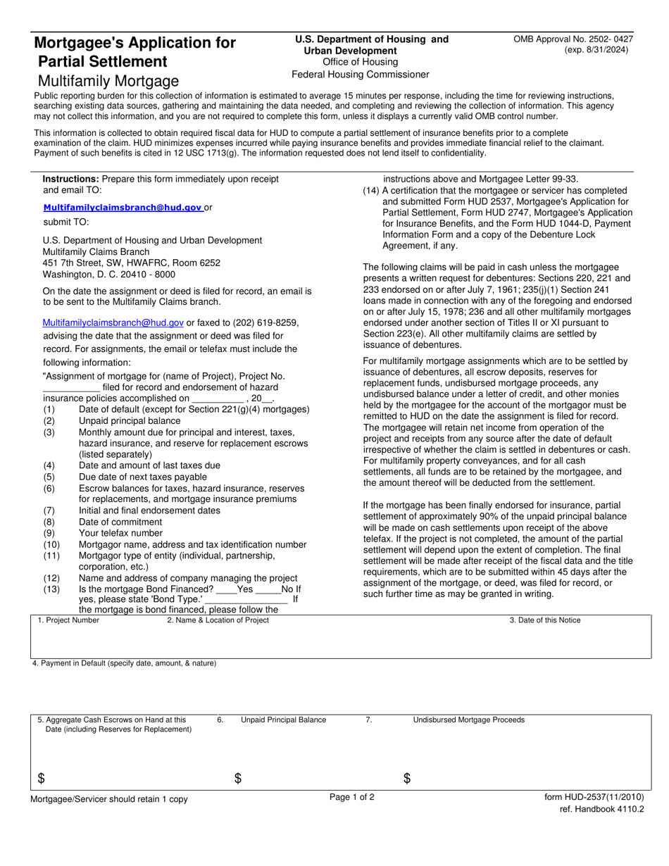 Form HUD-2537 Mortgagees Application for Partial Settlement, Page 1