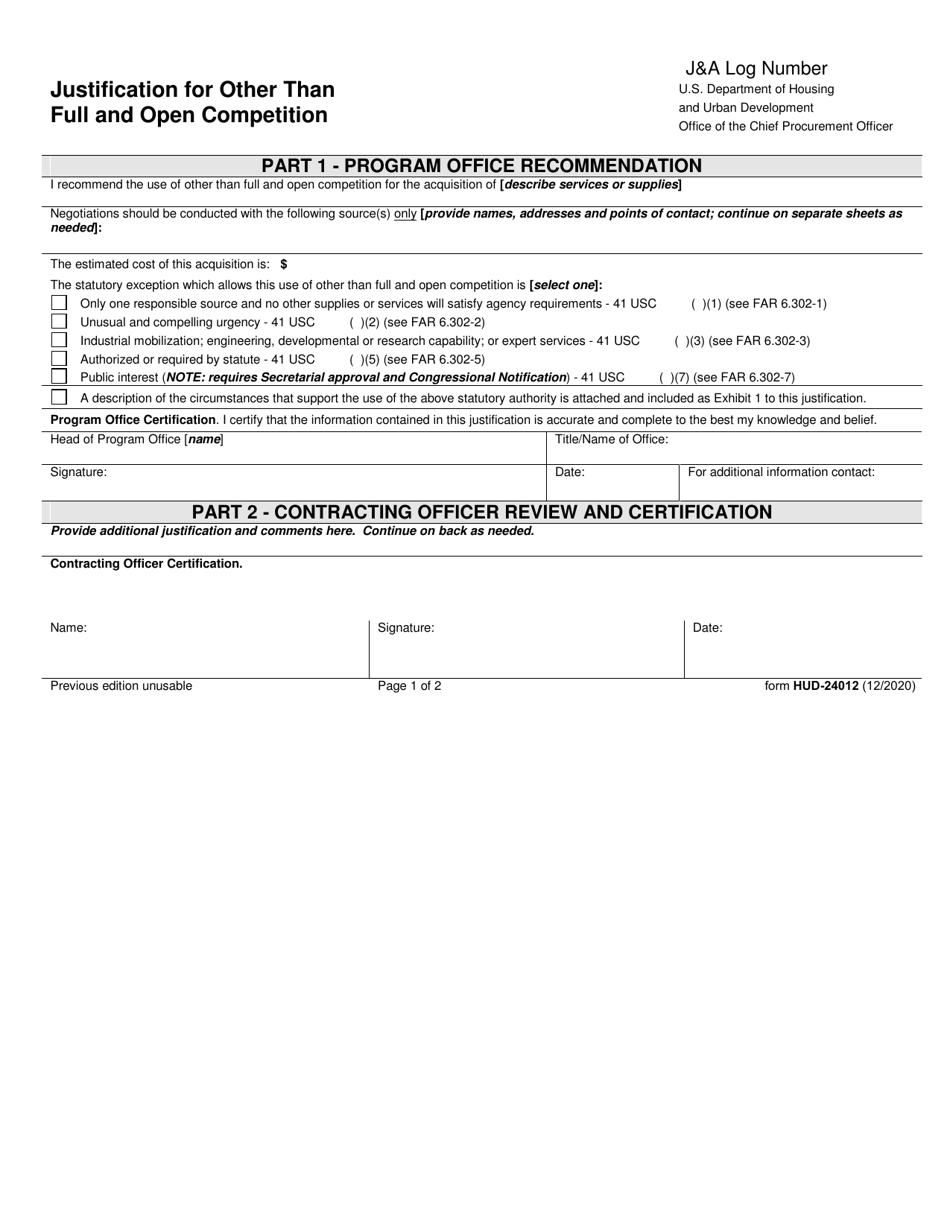 Form HUD-24012 Justification for Other Than Full and Open Competition, Page 2