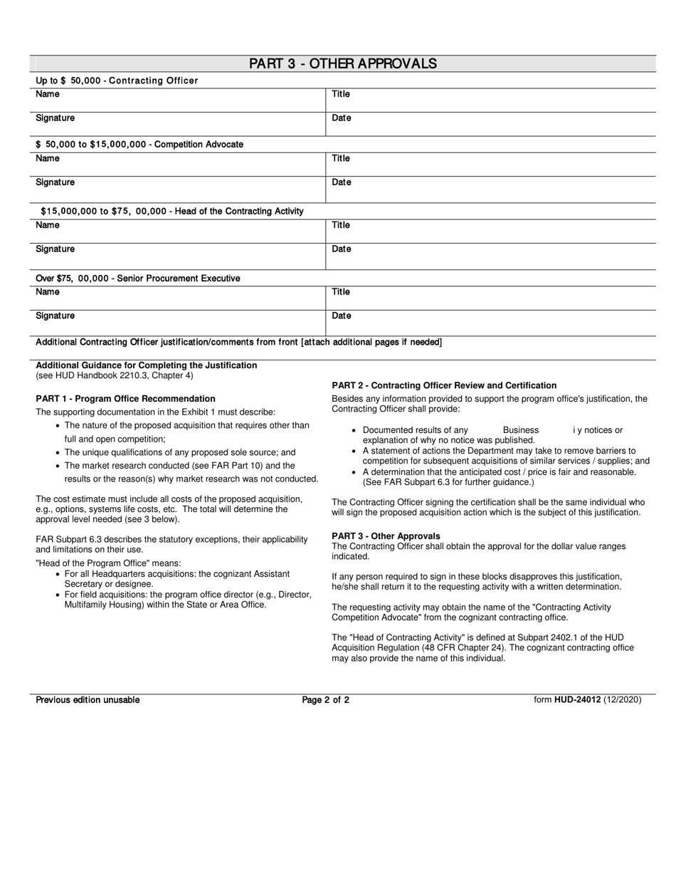 Form HUD-24012 Justification for Other Than Full and Open Competition, Page 3