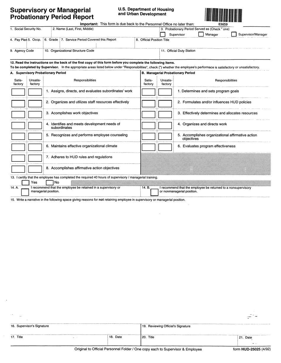 Form HUD-25025 Supervisory or Managerial Probationary Period Report, Page 1
