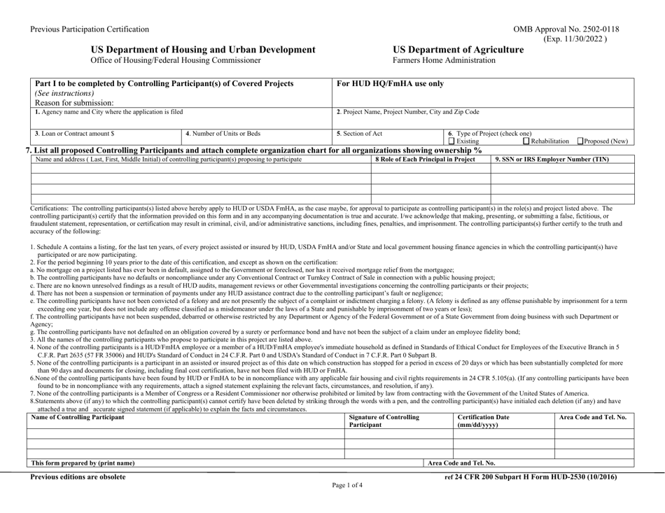 Form Hud 2530 Download Fillable Pdf Or Fill Online Previous Participation Certification 0178