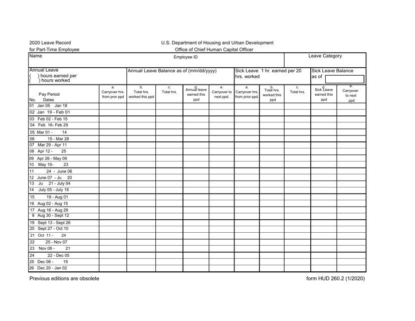 Form HUD-260.2 Leave Computations for Part-Time Employee, 2020