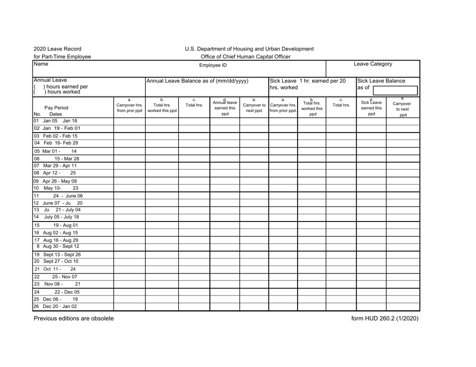 Form HUD-260.2 Leave Computations for Part-Time Employee, Page 1